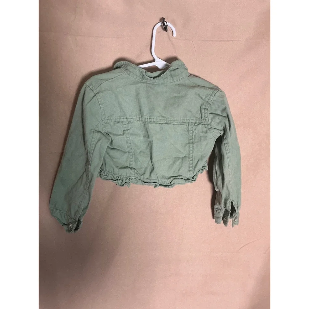 Little Lass Cropped Jacket Girls 4T Green Excellent Floral Ruffle Snap Bolero